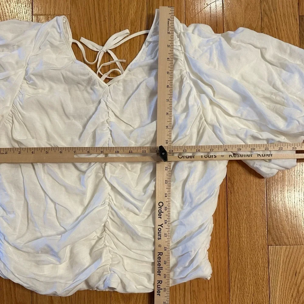 Anthropologie Pilcro Ruched Puff-Sleeve Top XL White Tie String Back New